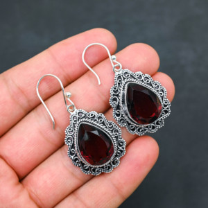 Customised <b>Red</b> Garnet LAB-CREATED 925 Sterling Silver <b>Earrings</b> 1.9" Handmade Gemstone Jewelry Antique Fine <b>Earring</b> Gift for Wome - Product Image 1
