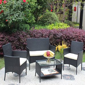 Juego de Muebles de Patio de Ratán Beige de 4 Piezas con Asientos Acolchados, Sofá de Mimbre para Exteriores con Cojines - Product Image 3