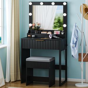 Set Toeletta Nera in Truciolato a 3 Scomparti con 1 Cassetto, 8 Lampadine Tricolore e Griglia Multipresa - Vanità per il Trucco - Product Image 1
