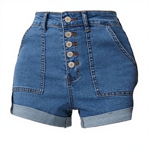 High <b>Waist</b> Denim Shorts <b>With</b> Button Fly Solid Color Casual Women's <b>Jeans</b> Shorts Stonewashed Cotton Fabric Regular Fit - Product Image 2