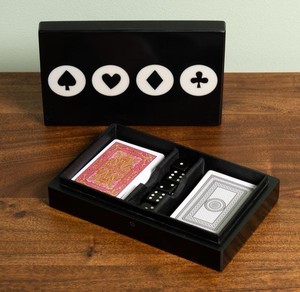 Boîte de rangement rectangulaire noire pour cartes de poker avec symboles de troupes, design en bois brillant, organisateur de jeu multifonctionnel classique 203x133x68mm - Product Image 1