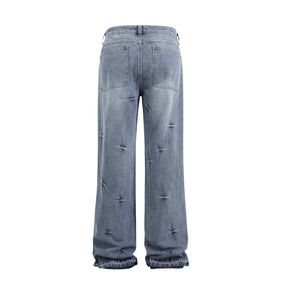 Jean baggy en denim pour homme avec logo personnalisé, coupe étoile plissée, jambe large, délavage clair, style vintage, streetwear épais - Product Image 5