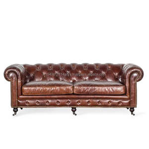 Chesterfield-Conjunto de sofás italianos de cuero auténtico para sala de estar, conjunto de sofás de cuero marrón de alta calidad, Estilo vintage - Product Image 4