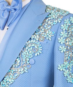 Costume de smoking bleu ciel brodé à double boutonnage pour homme – Blazer de créateur floral orné de cristaux, fait main, pour mariage, bal de promo et tenue de scène - Product Image 5