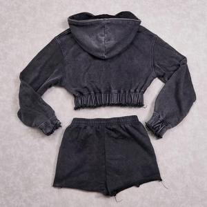Top Trending Women's Acid Washed Women's Multi Pockets Crop Zip Up Hoodie & Shorts Girl's <b>Embroidery</b> Patches Vintage Crop <b>Sets</b> - Product Image 2