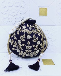 Sacs Potli de Luxe en Soie Brute Brodés avec Poignée en Perles, Faits Main, pour Mariage et Soirée, Pochette Cadeau avec Sangle Anneau - Product Image 6