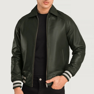 Chaqueta de Cuero Genuino para Hombre, Estilo Bomber, Cuello Camisero, Forro de Piel Sintética, Cierre de Cremallera, Resistente al Viento, Estilo Motero - Product Image 2