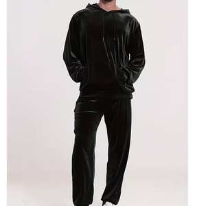 Survêtement décontracté à capuche pour homme en velours noir zippé, 100 % coton, pantalon de survêtement d'hiver écologique et respirant, grandes tailles - Product Image 2