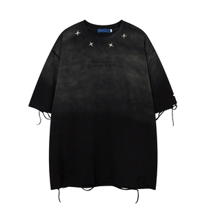 เสื้อยืดสไตล์วินเทจฮิปฮอปสตรีทแวร์ ยูนิเซ็กซ์ ทรงโอเวอร์ไซส์ ไหล่ตก ผ้าคอตตอนหนา ซักย้อมสีแบบแอซิดวอช ขาดรุ่ย แต่งดีเทลขาดๆ แบบวินเทจ สไตล์ Y2K - Product Image 5