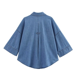 Camisa de mezclilla de algodón elegante para mujer, con botones y solapa, manga larga, informal, formal, de ajuste holgado, top de mezclilla azul a la moda - Product Image 2