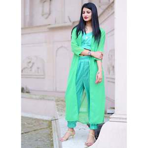 Vestido de Pantalón y Blusa Transparente de Georgette Verde Primavera para Mujer, Talla XS - Product Image 5