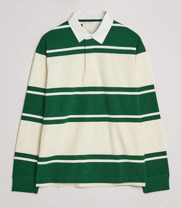 Camiseta Polo a Rayas de Manga Larga para Hombre, Personalizada, Verde y Blanca, Tejido de Algodón, Estilo Rugby Informal con Bolsillo - Product Image 2
