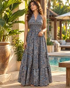 Blue Paisley Print Woven Halter Maxi Dress Women Chiffon Tiered Skirt <b>Swimdress</b> Poolside Beach Wear 1 Piece - Product Image 1