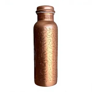 Spiritual Sacred Lotus Print Solid Copper Water <b>Flask</b> Sleek Polished Finish Lotus Unalome Copper <b>Flask</b> For Wellness - Product Image 2