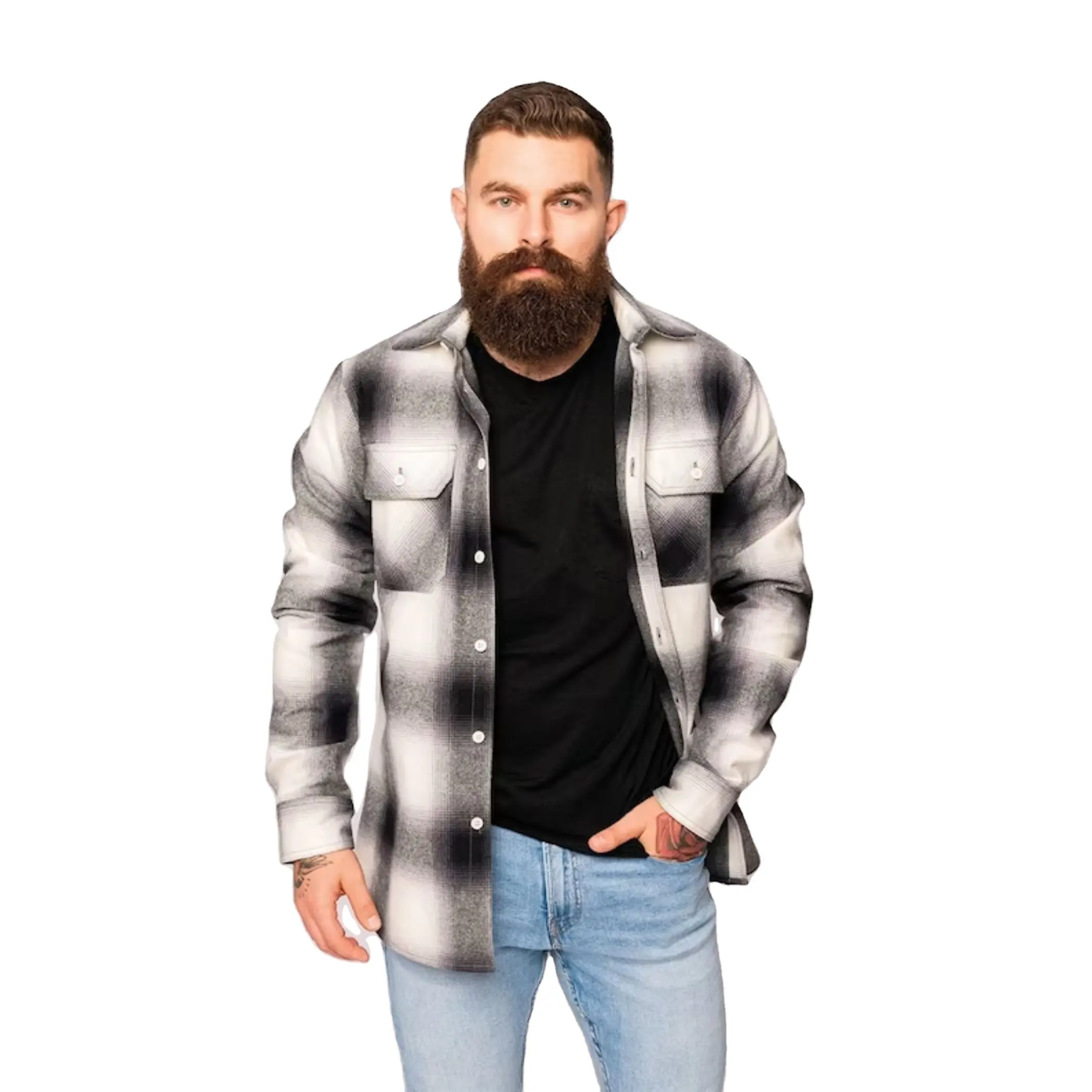 Wholesale Cheap Winter Men's Plaid Flannel Shirts Patchwork Thick Fleece Quilted Lined Long Sleeve Button Shirt Jacket
