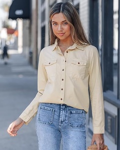 Chemise boutonnée en coton rouge pour femmes, manches trois quarts, couleur unie, col rabattu, coupe régulière, hauts de loisirs toutes saisons - Product Image 1