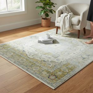 Hand Knotted Traditional Yellow Blue Wool Area <b>Rug</b> Low Pile Vintage Oriental Medallion Carpet - Product Image 1