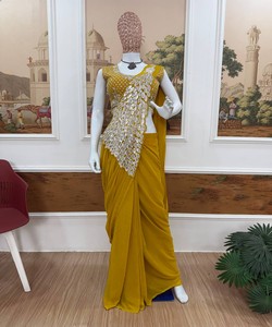 Sari prêt-à-porter style boutique, tenue indienne traditionnelle, collection de vêtements de soirée, mode modeste, broderie en georgette lourde - Product Image 2
