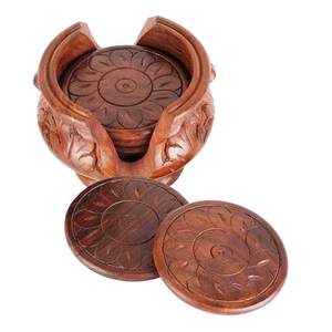 Wooden <b>Drink</b> <b>Coasters</b> with Holder Solid Round for Coffee Table Bar Kitchen Office Stylish Beverage Perfect Housewarming Gift - Product Image 1