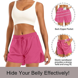 Magenta 2 in 1 <b>Drawstring</b> Gym Shorts for Women Polyester Double Layer Workout Shorts with Zipper Pocket Running - Product Image 5