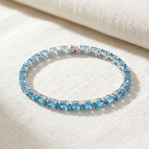 Bracelet tennis ovale en topaze bleue, or massif 18 carats, sertissage griffe, géométrique, luxe, unisexe, pour fête, mariage, cadeau, 10g, RIZTA JEWEL - Product Image 4