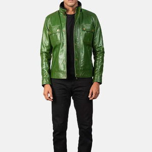Econex Sports Men's Green PU Leather Breathable Moto <b>Jacket</b> Turn-down Collar Zipper Closure Button Details <b>Slim</b> <b>Fit</b> Winter High - Product Image 3