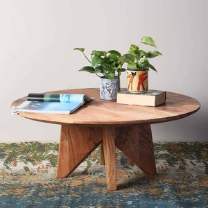 Mesa de Centro Redonda de Madera de Acacia Sólida, Muebles Rústicos Hechos a Mano para Sala de Estar, Entrada, Decoración de Casa de Campo - Product Image 2