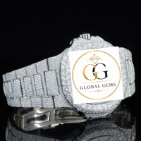 Beste Qualität Neue Römische Ziffern Vereister Moissanit-Diamant Weißgold 20mm Wasserdicht Analog Edelstahl-Armband Luxus