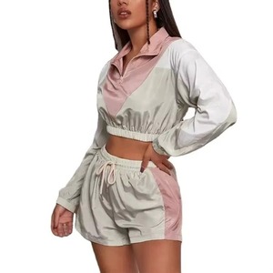 Conjunto Deportivo de 2 Piezas para Mujer, Chaqueta Cortavientos con Bloques de Color y Pantalones Cortos, Cuello Alto, Manga Larga, para Primavera/Verano - Product Image 5