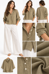 Fournisseur OEM Professionnel – Ensemble Décontracté d'Été en Lin/Coton Vert Olive : Haut Henley et Pantalon Large Blanc Respirant – Vente en Gros - Product Image 4