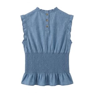 Denim <b>Chambray</b> Breathable <b>Women</b> Blouses Smocked Waist Frill Armhole Indigo Blue Chest Embroidery Sleeveless <b>Shirts</b> - Product Image 2