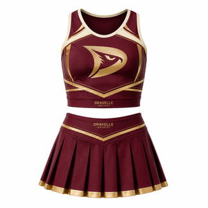 Ensemble d'uniformes de cheerleading pour femmes, bordeaux et or, polyester et élasthanne, haut court et jupe plissée, tenue de compétition - Product Image 2