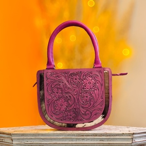 Hand Tooled Florals Carved With Hair On Hide Fur Western Stylish Pink Color 100% Genuine Leather Saddle <b>Bag</b> <b>Zip</b> Closure Handbags - Product Image 2