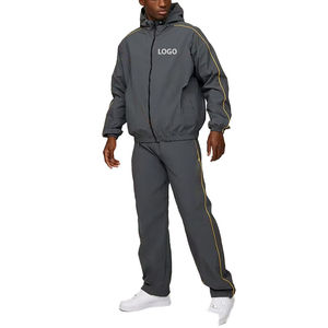 Survêtements décontractés 100 % coton pour hommes, faible MOQ, avec logo personnalisé imprimé, ensemble veste coupe-vent et pantalon de jogging pour l'automne, OEM - Product Image 1