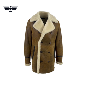 <b>Men's</b> Long <b>Double</b> <b>Breasted</b> Genuine Leather <b>Overcoat</b> Faux Fur Lining Windproof Vintage Winter Coat Front Logo Brown Regular Fit - Product Image 1