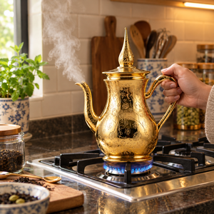 กาต้มกาแฟแบบดัลลาห์เคลือบทองพรีเมียม ลวดลายดอกไม้สลักอย่างประณีต กาต้มน้ำชาโลหะแบบดั้งเดิม สำหรับโรงแรม ผู้ส่งออกเครื่องดื่ม - Product Image 3