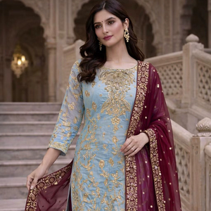 Ensemble Kurti 3 pièces haut de gamme avec broderie et travail de sequins, doublure en micro-coton, prêt-à-porter, idéal pour les fêtes, vente en gros B2B - Product Image 1