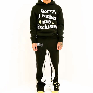 Unisex Black Hooded Tracksuit Set With Slogan Print Full Length Sweatpants And Pullover Streetwear Style For Adults Autumn Wear - Product Image 1
