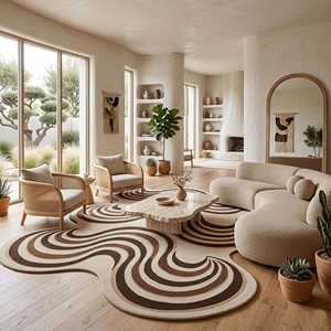 Abstract Wavy Area Rug Retro Modern Cream <b>Brown</b> <b>Wool</b> Carpet Irregular Shape Hand Tufted Living Room Bedroom Statement Floor Rug - Product Image 2