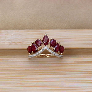 14K Yellow Gold Natural Ruby & Diamond <b>Crown</b> <b>Ring</b> for Women | Pear Cut Gemstone Fine Jewelry Wedding Gift Wholesale - Product Image 2