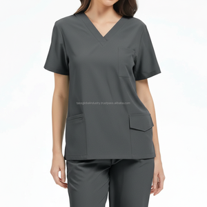 Ensemble de blouses médicales unisexes gris, haut à col en V, pantalon droit, multi-poches, uniforme d'infirmière d'hôpital, sur mesure, OEM, vente en gros - Product Image 2