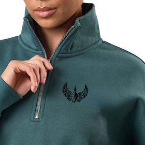 Sweat-shirt à col zippé 1/4 bleu pétrole pour femme, coupe oversize, manches longues, style streetwear décontracté, confort quotidien - Product Image 3