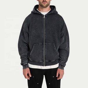 Sudadera con capucha para hombre de peso pesado, con lavado ácido y efecto vintage, con cremallera completa, de algodón premium, personalizable con logotipo, parte superior de chándal. - Product Image 2
