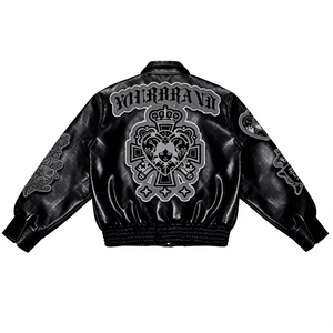 Chaqueta Bomber de Cuero Genuino Premium Negra para Hombre, Diseño con Parches Bordados, Cuello Camisero, Estilo Motero, para Otoño - Product Image 2