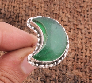 Anillo de Jade Verde Natural Vintage, Media Luna, Plata de Ley 925, Joyería de Luna Creciente, Borde Punteado, Anillo Retro con Piedras Preciosas para Mujer - Product Image 1