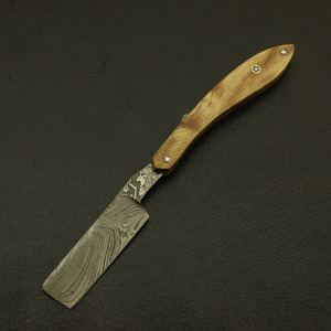 Navaja plegable de acero de Damasco hecha a mano, mango de madera de olivo, navaja de afeitar estilo vintage, fabricante directo de fábrica. - Product Image 2