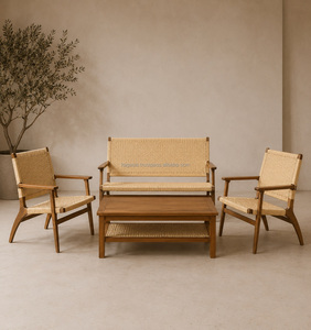 Modern Teak Wood 2 Seater <b>Sofa</b> 2 Arm Chairs Coffee <b>Table</b> Set Living Room Furniture Midcentury Design Weather Resistant Nara Set - Product Image 1