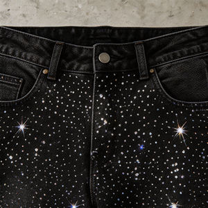 Luxury Black Rhinestone Straight Leg Denim Jeans Custom Sparkle Streetwear Regular Fit Premium Mens Jeans OEM ODM Solid - Product Image 6