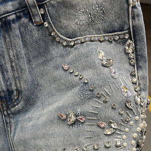 Jeans courts de bonne qualité pour hommes, en coton, coupe droite, décontractés, avec strass, denim, streetwear d'été, couleur personnalisée, vêtements tendance - Product Image 4