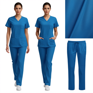 Women V Neck Scrub Set Short Sleeve Blue Medical Uniform Hospital Workwear Pants Polyester Cotton Woven Needle Detection - Product Image 1